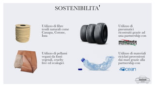 SOSTENIBILITA'
Utilizzo di fibre
tessili naturali come
Canapa, Cotone,
Iuta
Utilizzo di materiali
riciclati provenienti
dai mari grazie alla
partnership con
Utilizzo di pellami
vegani da fonti
vegetali, cruelty
free ed ecologici
Utilizzo di
pneumatici
ricostruiti grazie ad
una partnership con
 