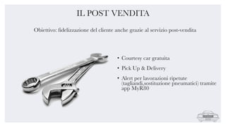 IL POST VENDITA
Obiettivo: fidelizzazione del cliente anche grazie al servizio post-vendita
• Courtesy car gratuita
• Pick Up & Delivery
• Alert per lavorazioni ripetute
(tagliandi,sostituzione pneumatici) tramite
app MyR80
 