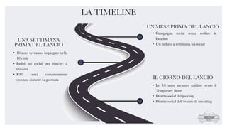 LA TIMELINE
UN MESE PRIMA DEL LANCIO
• Campagna social senza svelare le
location
• Un indizio a settimana sui social
UNA SETTIMANA
PRIMA DEL LANCIO
• 10 auto verranno impiegate nelle
10 città
• Indizi sui social per riuscire a
trovarla
• R80 verrà costantemente
spostata durante la giornata IL GIORNO DEL LANCIO
• Le 10 auto saranno guidate verso il
Temporary Store
• Diretta social del journey
• Diretta social dell’evento di unveiling
 