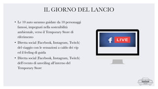 • Le 10 auto saranno guidate da 10 personaggi
famosi, impegnati nella sostenibilità
ambientale, verso il Temporary Store di
riferimento
• Diretta social (Facebook, Instagram, Twitch)
del viaggio con le sensazioni a caldo dei vip
ed il feeling di guida
• Diretta social (Facebook, Instagram, Twitch)
dell’evento di unveiling all’interno del
Temporary Store
IL GIORNO DEL LANCIO
 