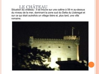 LE CHÂTEAU
Situation du château : il se trouve sur une colline à 59 m au-dessus
du niveau de la mer, dominant la zone sud du Delta du Llobregat et
sur ce qui était autrefois un village ibère et, plus tard, une villa
romaine.
 