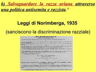 6) Salvaguardare la razza ariana attraverso
una politica antisemita e razzista.*

       Leggi di Norimberga, 1935
  (sanciscono la discriminazione razziale)
 