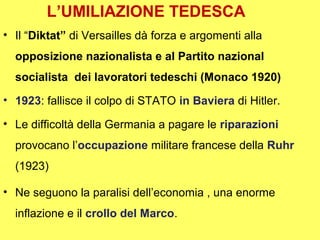 L’UMILIAZIONE TEDESCA
• Il “Diktat” di Versailles dà forza e argomenti alla
  opposizione nazionalista e al Partito nazional
  socialista dei lavoratori tedeschi (Monaco 1920)
• 1923: fallisce il colpo di STATO in Baviera di Hitler.

• Le difficoltà della Germania a pagare le riparazioni
  provocano l’occupazione militare francese della Ruhr
  (1923)

• Ne seguono la paralisi dell’economia , una enorme
  inflazione e il crollo del Marco.
 