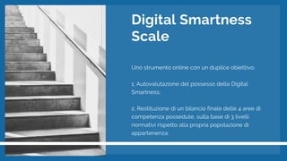 Digital Smartness
Scale
Uno strumento online con un duplice obiettivo:
1. Autovalutazione del possesso della Digital
Smartness;
2. Restituzione di un bilancio finale delle 4 aree di
competenza possedute, sulla base di 3 livelli
normativi rispetto alla propria popolazione di
appartenenza.
 