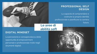 PROFESSIONAL SELF
DESIGN
La capacità di comprendere e
costruire la propria identità
professionale e pianificare la carriera
futura.
DIGITAL STRATEGY
La capacità di sfruttare per i propri fini
professionali tutte le potenzialità
relazionali insite nei social network.
Le aree di
competenza soft
Le aree di
abilità soft
DIGITAL MINDSET
La percezione e consapevolezza delle
opportunità di empowerment
personale e professionale insite negli
strumenti digitali.
 