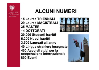 ALCUNI NUMERIALCUNI NUMERI
15 Lauree TRIENNALI
29 Lauree MAGISTRALI
35 MASTER
14 DOTTORATI
20.000 Studenti iscritti
6.200 Nuovi iscritti
3.500 Laureati all’anno
40 Lingue straniere insegnate
400 Accordi attivi per la
cooperazione internazionale
800 Eventi
 
