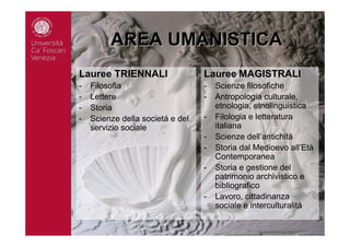 AREAAREA UMANISTICAUMANISTICA
Lauree TRIENNALI
- Filosofia
- Lettere
- Storia
- Scienze della societá e del
servizio sociale
Lauree MAGISTRALI
- Scienze filosofiche
- Antropologia culturale,
etnologia, etnolinguistica
- Filologia e letteratura
italiana
- Scienze dell’antichitá
- Storia dal Medioevo all’Età
Contemporanea
- Storia e gestione del
patrimonio archivistico e
bibliografico
- Lavoro, cittadinanza
sociale e interculturalitá
 