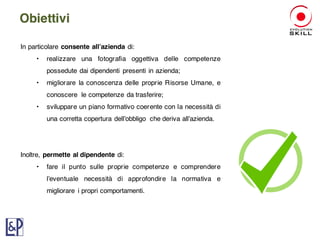 In particolare consente all’azienda di:
• realizzare una fotografia oggettiva delle competenze
possedute dai dipendenti presenti in azienda;
• migliorare la conoscenza delle proprie Risorse Umane, e
conoscere le competenze da trasferire;
• sviluppare un piano formativo coerente con la necessità di
una corretta copertura dell’obbligo che deriva all’azienda.
Inoltre, permette al dipendente di:
• fare il punto sulle proprie competenze e comprendere
l’eventuale necessità di approfondire la normativa e
migliorare i propri comportamenti.
Obiettivi
 