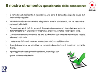 • Si richiederà al dipendente di rispondere a una serie di domande a risposta chiusa (3/4
alternative di risposta).
• Verranno individuate un numero adeguato di aree di conoscenza, tali da descrivere i
contenuti dell’attività.
• Per ogni area verrà definito un set di domande ciascuna con un peso diverso a seconda
della “difficoltà” e in funzione dell’importanza che quella tematica ricopre per il ruolo.
• Di massima verranno sottoposte da 20 a 30 domande con correlata distribuzione rispetto
alle aree individuate.
• Le domande del questionario verranno presentate in modalità random.
• Il set delle domande sarà così tale da consentire la costruzione di questionari ogni volta
diversi.
• Il punteggio verrà estrapolato in centesimi, in analogia con
gli altri schemi di rilevazione.
Il nostro strumento: questionario delle conoscenze
 