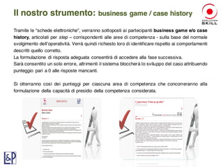 Tramite le “schede elettroniche”, verranno sottoposti ai partecipanti business game e/o case
history, articolati per step – corrispondenti alle aree di competenza - sulla base del normale
svolgimento dell’operatività. Verrà quindi richiesto loro di identificare rispetto ai comportamenti
descritti quello corretto.
La formulazione di risposta adeguata consentirà di accedere alla fase successiva.
Sarà consentito un solo errore, altrimenti il sistema bloccherà lo sviluppo del caso attribuendo
punteggio pari a 0 alle risposte mancanti.
Si otterranno così dei punteggi per ciascuna area di competenza che concorreranno alla
formulazione della capacità di presidio della competenza considerata.
Il nostro strumento: business game / case history
 
