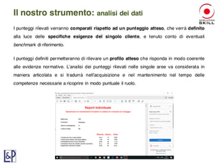 I punteggi rilevati verranno comparati rispetto ad un punteggio atteso, che verrà definito
alla luce delle specifiche esigenze del singolo cliente, e tenuto conto di eventuali
benchmark di riferimento.
I punteggi definiti permetteranno di rilevare un profilo atteso che risponda in modo coerente
alle evidenze normative. L’analisi dei punteggi rilevati nelle singole aree va considerata in
maniera articolata e si tradurrà nell’acquisizione e nel mantenimento nel tempo delle
competenze necessarie a ricoprire in modo puntuale il ruolo.
Il nostro strumento: analisi dei dati
 