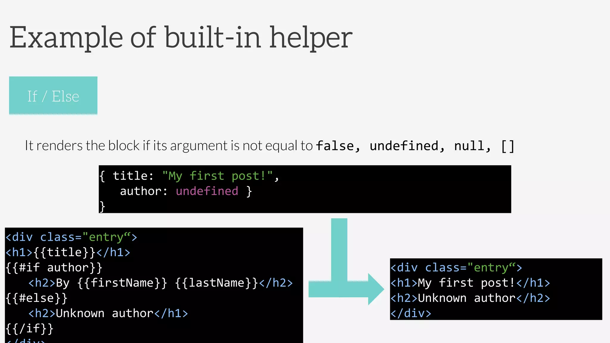 Example of built-in helper


It renders the block if its argument is not equal to false,	
  undefined,	
  null,	
  []	
  
If / Else
<div	
  class="entry“>	
  
<h1>{{title}}</h1>	
  
{{#if	
  author}}	
  
	
  <h2>By	
  {{firstName}}	
  {{lastName}}</h2>	
  
{{#else}}	
  
	
  <h2>Unknown	
  author</h1>	
  	
  
{{/if}}	
  
{	
  title:	
  "My	
  first	
  post!",	
  	
  
	
  	
  	
  author:	
  undefined	
  }	
  
}	
  	
  
<div	
  class="entry“>	
  
<h1>My	
  first	
  post!</h1>	
  
<h2>Unknown	
  author</h2>	
  
</div>	
  	
  
 