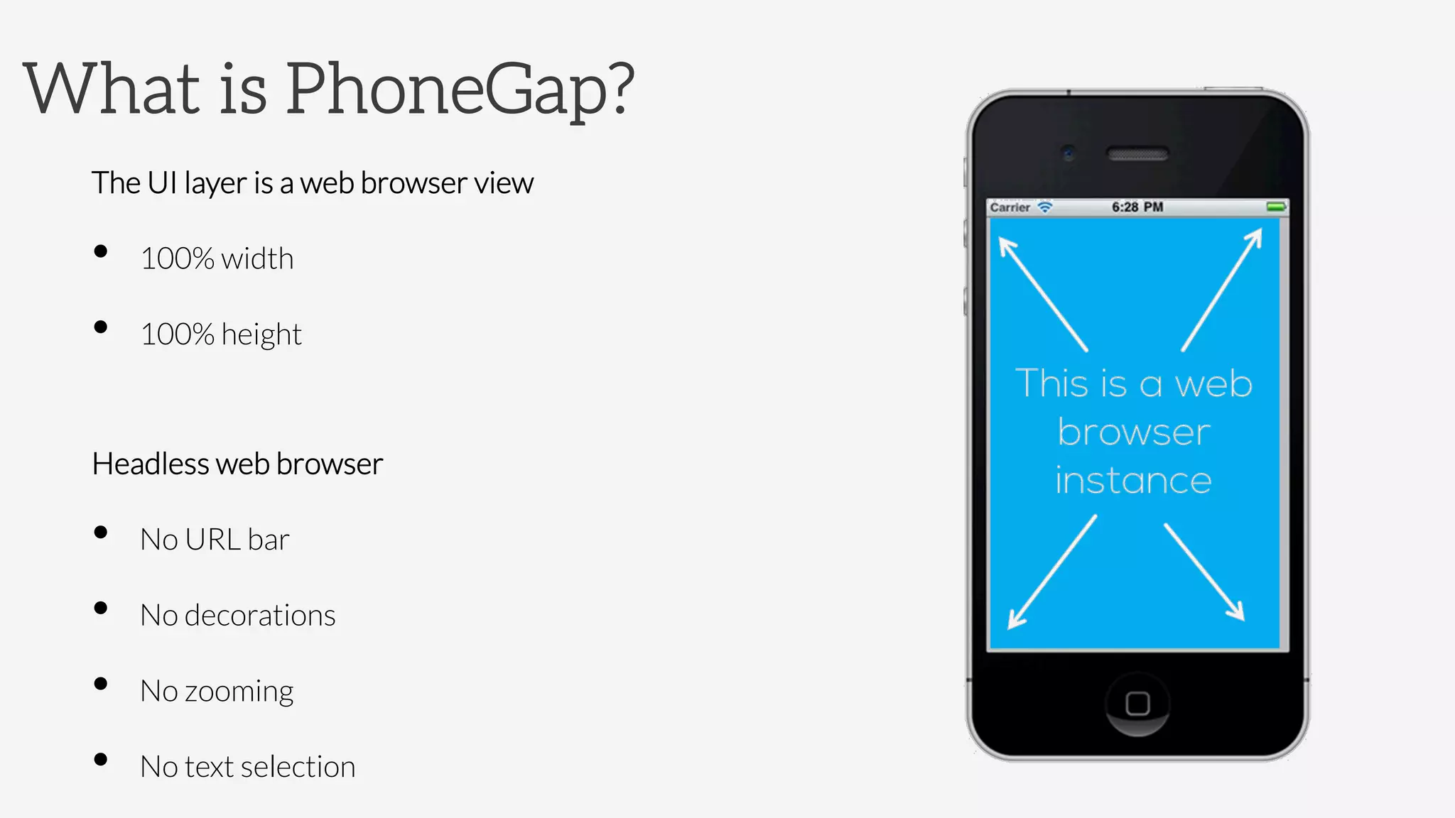 What is PhoneGap?
The UI layer is a web browser view
•  100% width
•  100% height

Headless web browser
•  No URL bar
•  No decorations
•  No zooming
•  No text selection
 