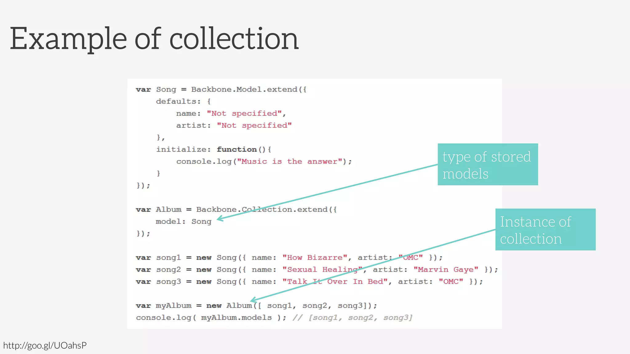 Example of collection
http://goo.gl/UOahsP
type of stored
models
Instance of
collection
 