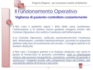 Progetto Diogene – per le persone malate di Alzheimer



 Il Funzionamento Operativo
  Vigilanza di paziente controllato costantemente

 Nel caso il paziente superi i limiti della zona autorizzata,
l’informazione e le relative nuove posizioni vengono inviate alla
Centrale Operativa che verifica l’esattezza dell’informazione

 la Centrale Operativa, verificata automaticamente l’esattezza
dell’ informazione, contatta telefonicamente, secondo la sequenza
definita nella fase di avviamento del servizio, i Caregiver primari o le
strutture dedicate.

 Nel caso i Caregiver primari o le strutture dedicate non siano in
grado di rintracciare la persona controllata, tutte le informazioni
relative alla persona (anagrafiche, somatiche, vestiario di quando è
uscito,ecc) vengono inviate alle competenti Forze del’Ordine, per
una pronta azione di ricerca e soccorso.

                                11
 