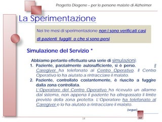 Progetto Diogene – per le persone malate di Alzheimer



La Sperimentazione
     Nei tre mesi di sperimentazione non i sono verificati casi

     di pazienti fuggiti o che si sono persi


 Simulazione del Servizio *
   Abbiamo pertanto effettuato una serie di simulazioni:
  1. Paziente, parzialmente autosufficiente, si è perso.         Il
     Caregiver ha telefonato al Centro Operativo. Il Centro
     Operativo lo ha aiutato a rintracciare il malato.
  2. Paziente, controllato costantemente, è riuscito a fuggire
     dalla zona controllata.
     L’Operatore del Centro Operativo ha ricevuto un allarme
     dal sistema, non appena il paziente ha oltrepassato il limite
     previsto della zona protetta. L’Operatore ha telefonato al
     Caregiver e lo ha aiutato a rintracciare il malato.
                                                      (segue)


                             14
 
