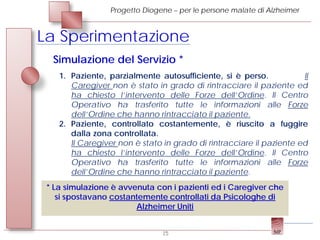Progetto Diogene – per le persone malate di Alzheimer



La Sperimentazione
  Simulazione del Servizio *
    1. Paziente, parzialmente autosufficiente, si è perso.            Il
       Caregiver non è stato in grado di rintracciare il paziente ed
       ha chiesto l’intervento delle Forze dell’Ordine. Il Centro
       Operativo ha trasferito tutte le informazioni alle Forze
       dell’Ordine che hanno rintracciato il paziente.
    2. Paziente, controllato costantemente, è riuscito a fuggire
       dalla zona controllata.
       Il Caregiver non è stato in grado di rintracciare il paziente ed
       ha chiesto l’intervento delle Forze dell’Ordine. Il Centro
       Operativo ha trasferito tutte le informazioni alle Forze
       dell’Ordine che hanno rintracciato il paziente.
 * La simulazione è avvenuta con i pazienti ed i Caregiver che
    si spostavano costantemente controllati da Psicologhe di
                        Alzheimer Uniti


                                15
 