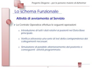 Progetto Diogene – per le persone malate di Alzheimer



Lo schema Funzionale
  Attività di avviamento al Servizio
 La Centrale Operativa effettua le seguenti operazioni:

    o Introduzione di tutti i dati relativi ai pazienti nel Data Base
      principale.

    o Verifica attraverso una serie di test della corrispondenza dei
      collegamenti necessari.

    o Simulazione di possibile allontanamento del paziente e
      conseguenti attività programmate.




                                8
 