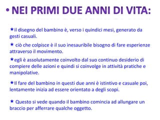 ciò che colpisce è il suo inesauribile bisogno di fare esperienze attraverso il movimento.  egli è assolutamente coinvolto dal suo continuo desiderio di compiere delle azioni e quindi si coinvolge in attività pratiche e manipolative. Il fare del bambino in questi due anni è istintivo e casuale poi, lentamente inizia ad essere orientato a degli scopi.  Questo si vede quando il bambino comincia ad allungare un braccio per afferrare qualche oggetto. il disegno del bambino è, verso i quindici mesi, generato da  gesti casuali. 