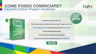 Pacchetto Partner Program Accelerator
Licenza Business Gratuita (valore €91)
30 (25+5 gratis) Voucher di Abbonamento Annuale alla VIP Lounge (valore €2.730)
Corso di Certificazione Gratis al Programma Partner BSP Rewards (valore €910)
10% di Commissioni sull’Organizzazione
Fino al 50% di Sconto sui Voucher del Programma Partner
Accesso Gratuito alle Landing Page dei Clienti DubLi.com (valore €365/anno)
€2.275
COME POSSO COMINCIARE?
VALORE
TOTALE
€4.096
 