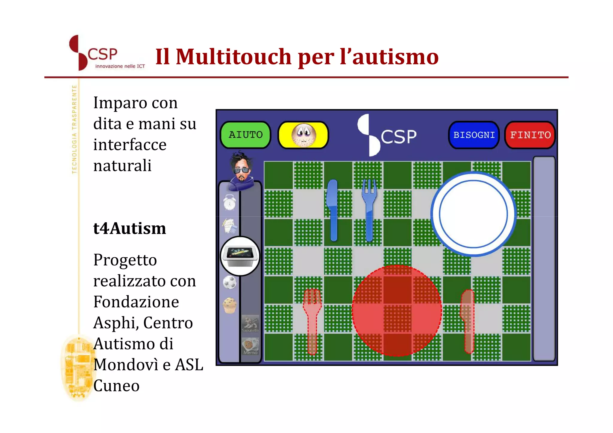 Il Multitouch per l’autismo
Imparo con
dita e mani su
interfacce
naturali


t4Autism
Progetto
realizzato con
Fondazione
Asphi, Centro
Autismo di
Mondovì e ASL
Cuneo
 