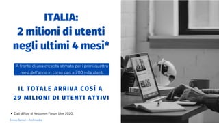 ITALIA:
2 milioni di utenti
negli ultimi 4 mesi*
Dati diffusi al Netcomm Forum Live 2020,
A fronte di una crescita stimata per i primi quattro
mesi dell’anno in corso pari a 700 mila utenti
IL TOTALE ARRIVA COSÌ A
29 MILIONI DI UTENTI ATTIVI
Enrico Samorì - Archimedia
 