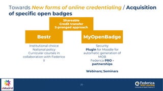 Towards New forms of online credentialing / Acquisition
of specific open badges
MyOpenBadge
Bestr
Institutional choice
Nat...