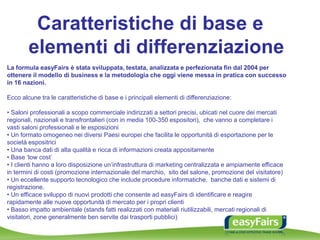 Caratteristiche di base e
elementi di differenziazione
La formula easyFairs è stata sviluppata, testata, analizzata e perfezionata fin dal 2004 per
ottenere il modello di business e la metodologia che oggi viene messa in pratica con successo
in 16 nazioni.
Ecco alcune tra le caratteristiche di base e i principali elementi di differenziazione:
• Saloni professionali a scopo commerciale indirizzati a settori precisi, ubicati nel cuore dei mercati
regionali, nazionali e transfrontalieri (con in media 100-350 espositori), che vanno a completare i
vasti saloni professionali e le esposizioni
• Un formato omogeneo nei diversi Paesi europei che facilita le opportunità di esportazione per le
società espositrici
• Una banca dati di alta qualità e ricca di informazioni creata appositamente
• Base ‘low cost’
• I clienti hanno a loro disposizione un’infrastruttura di marketing centralizzata e ampiamente efficace
in termini di costi (promozione internazionale del marchio, sito del salone, promozione del visitatore)
• Un eccellente supporto tecnologico che include procedure informatiche, banche dati e sistemi di
registrazione.
• Un efficace sviluppo di nuovi prodotti che consente ad easyFairs di identificare e reagire
rapidamente alle nuove opportunità di mercato per i propri clienti
• Basso impatto ambientale (stands fatti realizzati con materiali riutilizzabili, mercati regionali di
visitatori, zone generalmente ben servite dai trasporti pubblici)
 