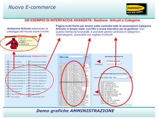 UN ESEMPIO DI INTERFACCIA AVANZATA: Gestione  Articoli e Categorie Demo grafiche AMMINISTRAZIONE Nuovo E-commerce Anteprima Articolo  selezionato al  passaggio del mouse sopre il nome. Pagina multi frame per tenere sotto controllo tutte le associazioni Categoria Articolo in tempo reale, con filtri e icone interative per la gestione . Con questa interfaccia funzionale, è possibile gestire centinaia di categorie e sottocategorie, associabili con migliaia di articoli! 