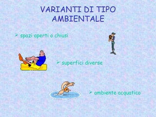 VARIANTI DI TIPO
AMBIENTALE
 spazi aperti o chiusi
 superfici diverse
 ambiente acquatico
 