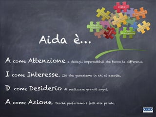 A come Attenzione a dettagli impercettibili che fanno la differenza
I come Interesse. Ciò che generiamo in chi ci ascolta.
D come Desiderio di realizzare grandi sogni.
A come Azione. Perché preferiamo i fatti alle parole.
Aida è…
 