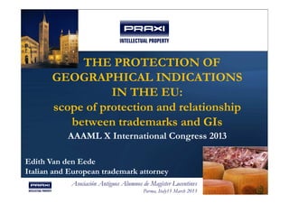 THE PROTECTION OF
       GEOGRAPHICAL INDICATIONS
                  IN THE EU:
       scope of protection and relationship
          between trademarks and GIs
           AAAML X International Congress 2013

Edith Van den Eede
Italian and European trademark attorney
            Asociación Antiguos Alumnos de Magíster Lucentinvs
                                        Parma, Italy15 March 2013
 