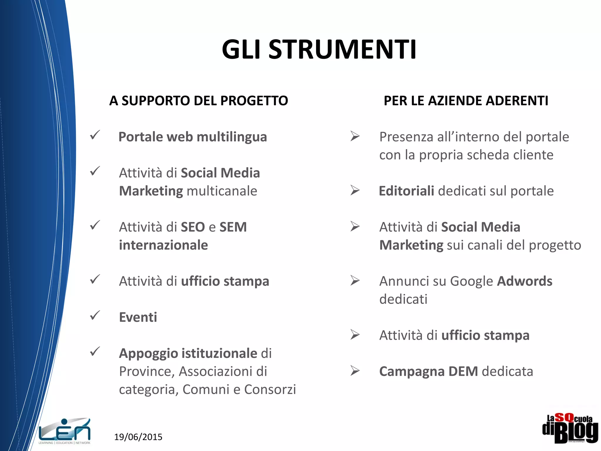 19/06/2015
GLI STRUMENTI
A SUPPORTO DEL PROGETTO
 Portale web multilingua
 Attività di Social Media
Marketing multicanale
 Attività di SEO e SEM
internazionale
 Attività di ufficio stampa
 Eventi
 Appoggio istituzionale di
Province, Associazioni di
categoria, Comuni e Consorzi
PER LE AZIENDE ADERENTI
 Presenza all’interno del portale
con la propria scheda cliente
 Editoriali dedicati sul portale
 Attività di Social Media
Marketing sui canali del progetto
 Annunci su Google Adwords
dedicati
 Attività di ufficio stampa
 Campagna DEM dedicata
 