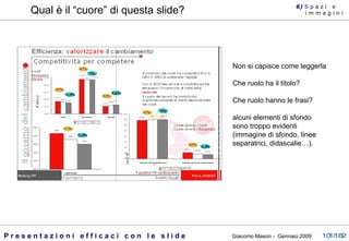 Non si capisce come leggerla Che ruolo ha il titolo? Che ruolo hanno le frasi? alcuni elementi di sfondo sono troppo evidenti (immagine di sfondo, linee separatrici, didascalie…).  Qual è il “cuore” di questa slide? 6)  S  p a z i  e  i m m a g i n i 