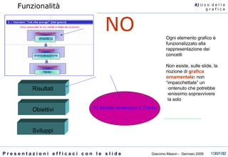 Funzionalità Ogni elemento grafico è funzionalizzato alla rappresentazione dei concetti Non esiste, sulle slide, la nozione di  grafica ornamentale :  non “impacchettate” un contenuto che potrebbe benissimo sopravvivere da solo  NO Risultati Obiettivi Sviluppi 8)  U   s o  d e l l a g r a f i c a 