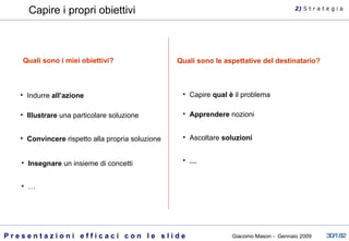 Capire i propri obiettivi 2)  S   t r a t e g i a Quali sono le aspettative del destinatario? Capire  qual è  il problema Ascoltare  soluzioni … Apprendere  nozioni Indurre  all’azione Illustrare  una particolare soluzione Convincere  rispetto alla propria soluzione Insegnare  un insieme di concetti … Quali sono i miei obiettivi? 