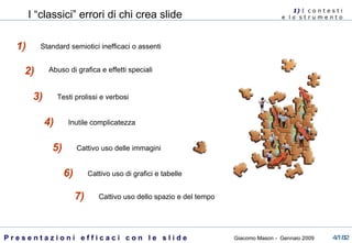 I “classici” errori di chi crea slide 1) Standard semiotici inefficaci o assenti 2) Testi prolissi e verbosi 3) Inutile complicatezza 4) Cattivo uso delle immagini 5) Cattivo uso di grafici e tabelle 6) Cattivo uso dello spazio e del tempo 7) Abuso di grafica e effetti speciali 1)  I   c o n t e s t i  e  l o  s t r u m e n t o  