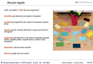 Alcune regole metti “sul piatto”  i titoli  dei tuoi argomenti identifica  gli elementi principali e marginali analizza  gli argomenti per capire se possano essere divisi spezza  quindi i diversi elementi in pezzi più piccoli e omogenei raggruppa  gli elementi in ad aree omogenee (aspetti teorici, aspetti pratici, aspetti storici, scenari, fasi, eccetera) Subordina  alcune aree ad altre Elimina  quello che non serve 3)  A   r c h i t e t t u r a 