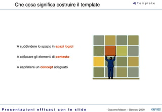Che cosa significa costruire il template A suddividere lo spazio in  spazi logici A collocare gli elementi di  contesto A esprimere un  concept  adeguato 4)  T   e m p l a t e 