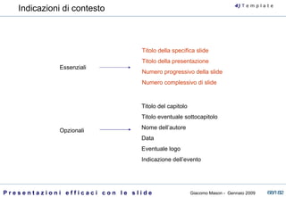 Indicazioni di contesto Essenziali Opzionali 4)  T   e m p l a t e Titolo della specifica slide Titolo della presentazione   Numero progressivo della slide Numero complessivo di slide Titolo del capitolo Titolo eventuale sottocapitolo Nome dell’autore Data Eventuale logo Indicazione dell’evento 