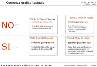 Coerenza grafico testuale 5)  S   a t a n d a r d e d i t o r i a l i Titolo 1 (Times 28 nero) Titolo 2 (Arial 24 rosso) Sottotitolo grassettato rosso Testo della slide scritto con un Carattere di dimensione  18 Sottotitolo grassettato nero Testo della slide scritto con un carattere di dimensione  16  per il fatto che c’è più testo e allora “ non ci sta” NO Titolo 1 (Arial 24 rosso) Titolo 2 (Arial 24 rosso) Sottotitolo grassettato nero Testo della slide scritto con un carattere di dimensione  18 Sottotitolo grassettato nero Testo della slide scritto con un carattere di dimensione  18 anche se c’è più testo, (magari è occasione per ridurlo…) SI 