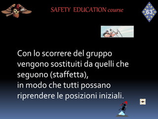 Con lo scorrere del gruppo
vengono sostituiti da quelli che
seguono (staffetta),
in modo che tutti possano
riprendere le posizioni iniziali.
SAFETY EDUCATION course
 