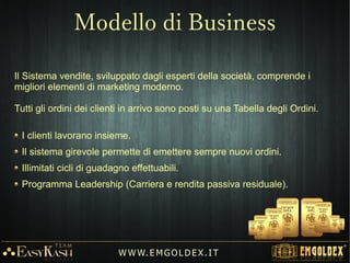 W W W. E M GO LD E X. I T
Clienti che collaborano
Il cliente ha l'obiettivo di far acquistare/Guadagnare quanto
più oro possibile dal proprio portale web al fine di ricevere BONUS in modo
ciclico.
Il cliente riceverà commissioni (Bonus) grazie
all'invito di nuovi acquirenti/collaboratori diretti e indiretti che accederanno
ad una struttura di clienti senza limiti di estensione e profondità.
Il cliente che raccomanda almeno 2 clienti diretti Attivi, è qualificato
per sempre a svolgere l'attività e a ricevere i BONUS.
Tutti insieme svilupperanno il business con gli ordini organizzati sulle
Tabelle d'ordine.
 