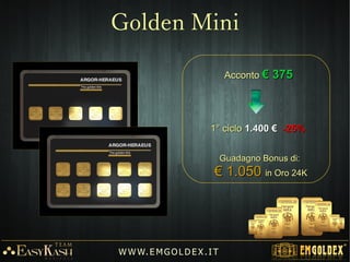 € 1.965 Progr. Golden Mini + Goldex + Golden Link = Guadagno Bonus fino a:..........€ 13.510
€ 1.590 Progr. Goldex + Golden Link = Guadagno Bonus fino a:.................................€ 12.460
€ 1.425 Progr. Golden Mini + Golden Link = Guadagno Bonus di: …............................€ 7.000
€ 1.050 Progr. Golden Link = Guadagno Bonus di: …..................................................€ 5.950
€ 915 Progr. Goldex + Golden Mini = Guadagno Bonus fino a: …..............................€ 7.560
€ 540 Progr. Goldex = Guadagno Bonus fino a: …....................................................€ 6.510
€ 375 Progr. Golden Mini = Guadagno Bonus di: …..................................................€ 1.050
W W W. E M GO LD E X. I T
Acconto e guadagno
 