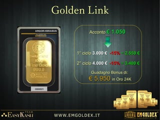 W W W. E M GO LD E X. I T
L'ordine del cliente viene inserito in un 1°
livello di una tabella d'ordine.
L'ordine compie un percorso di 3 / 4 livelli.
Ogni partecipante contribuisce all'attivazione di
nuovi ordini grazie all'invito di nuovi clienti
diretti.
Quando si completa il 1° livello, l'ordine di un
cliente qualificato riceve BONUS DI CREDITO
per l'acquisto di Oro 24K.
Tabella degli ordini
 