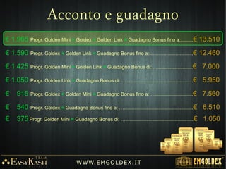 Il sistema girevole permette di guadagnare
BONUS DI CREDITO ciclicamente e in modo
continuativo.
Per poter guadagnare ciclicamente Oro 24K è
necessario avere un Team di almeno 2 clienti
diretti ATTIVI.
Più clienti diretti si invitano all'acquisto e più
velocemente si completeranno i cicli di
guadagno.
Più la struttura di clienti è ampia e profonda,
maggiore sarà la rendita passiva quando si
avrà accesso al Programma dei LEADER.
W W W. E M GO LD E X. I T
Tabella degli ordini
 
