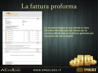 Il sistema girevole, permette inoltre ad ogni
cliente di ricevere un importante contributo dai
clienti ATTIVI registrati personalmente
(Diretti 1a Linea).
Grazie alla funzione denominata “Follow Me”
(Seguimi), l'ordine di ogni cliente, segue
sempre l'ordine del proprio sponsor.
Concluso il percorso di 3 / 4 livelli, gli ordini dei
clienti diretti, verranno ricollocati sulla Tabella
dove è presente il nostro ordine, contribuendo
nuovamente al completamento del 1° livello
della Tabella.
“Più clienti diretti si invitano all'acquisto e più
velocemente si completeranno i cicli di guadagno.”
W W W. E M GO LD E X. I T
Funzione Follow Me
 