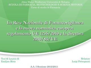 Alma Mater Studiorum Università di Bologna 
SCUOLA DI FARMACIA, BIOTECNOLOGIE E SCIENZE MOTORIE 
Corso di studio in Farmacia 
Na La Rete Nazziioonnaallee ddii FFaarrmmaaccoovviiggiillaannzzaa 
ee llaa nnuuoovvaa nnoorrmmaattiivvaa eeuurrooppeeaa:: 
rreeggoollaammeennttoo UUEE 11223355//22001100 ee llaa ddiirreettttiivvaa 
22001100//8844//UUEE 
Tesi di Laurea di 
Emiljan Meta 
Relatore 
Luigi Patregnani 
A.A. I Sessione 2012/2013 
 