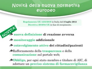 Novità della nuova normativa 
europeo 
Regolamento UE 1235/2010 in Italia dal 2 luglio 2012 
Direttiva 2010/84 UE in fase di recepimento. 
NOVITA’ 
nuova definizione di reazione avversa 
monitoraggio addizionale 
coinvolgimento attivo dei cittadini/pazienti 
Rafforzamento della trasparenza e della 
comunicazione sul portale web; 
Obbligo, per ogni stato membro e titolare di AIC, di 
adottare un preciso sistema di farmacovigilanza 
 