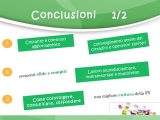 Conclusioni 1/2 
Costante e continuo 
aggiornamento 
coinvolgimento attivo dei 
cittadini e operatori sanitari 
Lavoro multidisciplinare, 
intersettoriale e multilivello 
crescenti sfide e compiti 
C o m e c o i n v o l g e r e , 
c o m u n i c a r e , d i f f o n d e r e 
1 
2 
3 una migliore cultura della FV 
 